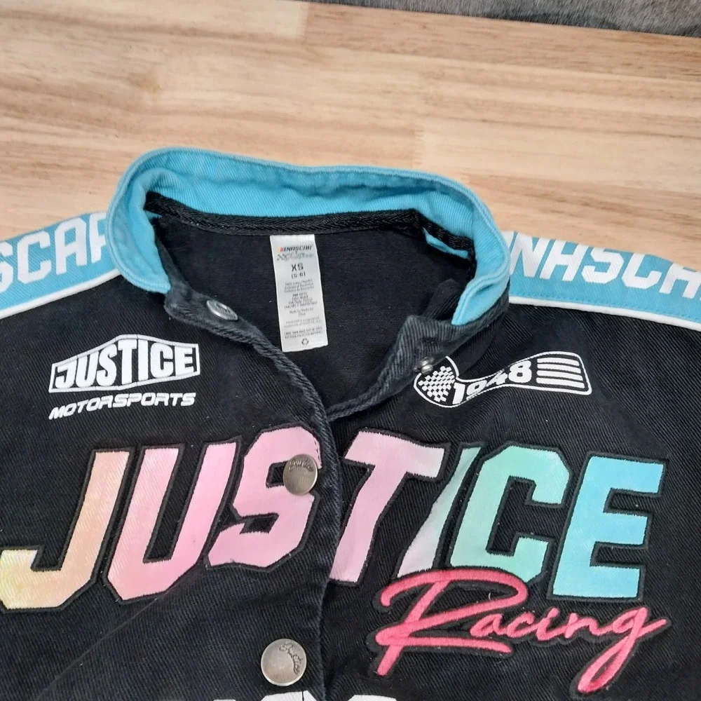 Justice NASCAR Racing Jacket Kids Twill Cropped Bomber XS 5-6 Black Blue